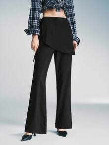 Airlisse Women's Autumn Simple Solid Color Side Tie Flare Pants - Black - View 1