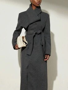 Aveloria Modichic Women's Autumn Overcoat With Detachable Scarf, Waist Design - Grey - View 5