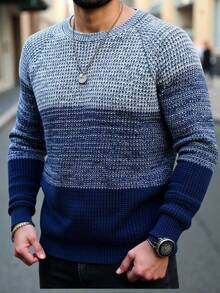 Manfinity Homme Plus Size Men's Contrast Color Round Neck Raglan Sleeve Casual Sweater, Autumn/Winter - Multicolor - View 5