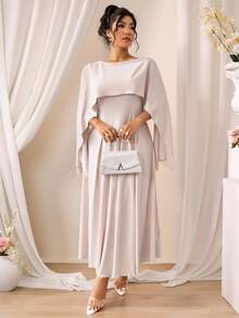 DreamSkyne Plus Size Women Elegant Solid Color Fish Tail Hooded Cape Midi Dress Maxi Women Outfit - Baby Pink - View 1