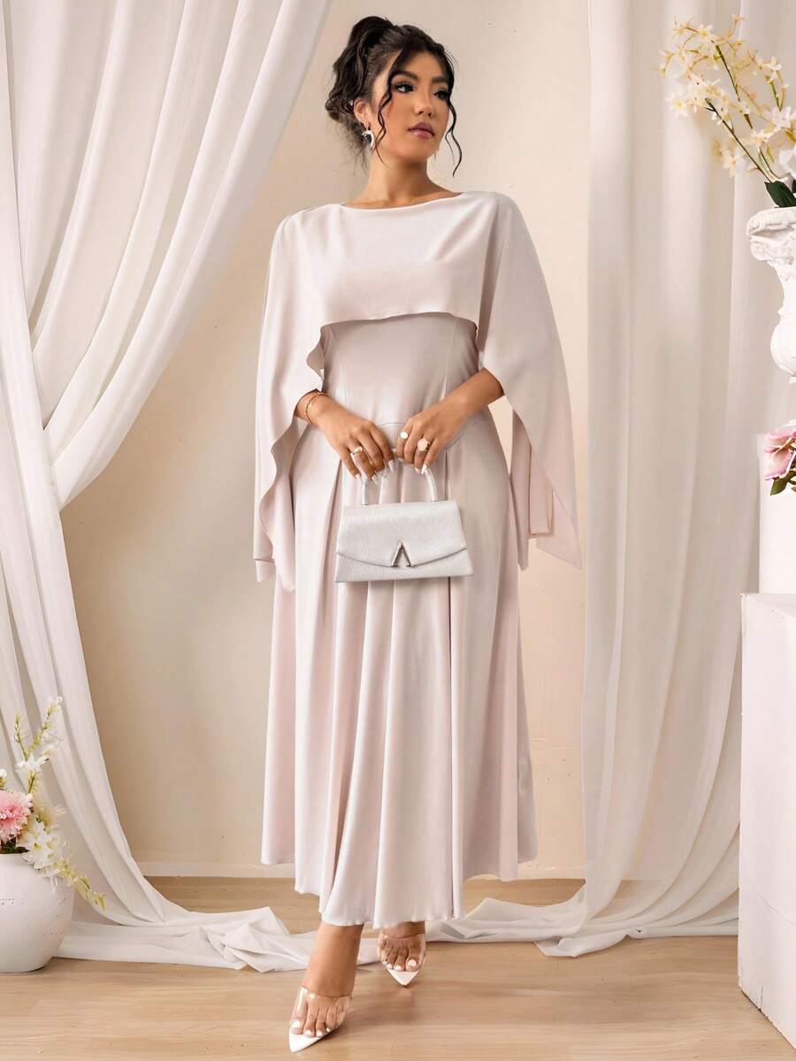 DreamSkyne Plus Size Women Elegant Solid Color Fish Tail Hooded Cape Midi Dress Maxi Women Outfit - Baby Pink - View 1
