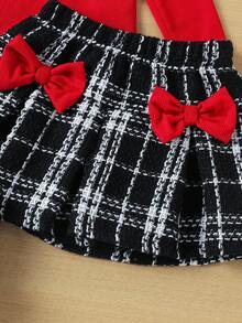 SHEIN BABY 女童 2 件套秋季幼童女孩紅色羅紋針織荷葉邊長袖 T 恤與格紋百褶蝴蝶結裙裝 秋季服飾 - 紅色 - 查看 5