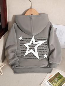 SHEIN 男童字母拼接细节拉链保暖连帽卫衣，宽松休闲街头灰色超宽松落肩后背字母星形印花连帽拉链卫衣外套，返校秋冬款，男童秋冬服装 - 深灰色 - 查看 1