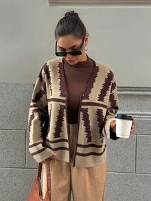 Livesso 女士宽松商务休闲几何图案拼色开衫，适合办公室穿着，秋冬 - 卡其色 - 查看 5