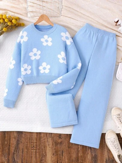 Sparklyn 青少年女孩甜美百搭圆领蓝色毛衣搭配直筒裤，适合居家、外出、聚会、返校