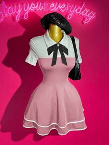 Slaydiva 2025 New Style Early Autumn And Summer Casual Street Hottie Style Sweet Girl Style Elegant Daily Date Birthday Party POLO Collar Bow Tie White Splicing Black 2 In 1 Design Multi-Layer Cake Skirt Ruffle Hem A-Style Skirt Mini Skirt Knitted Ladies Mini Dress-A