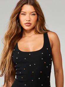 MISSGUIDED 黑色派对迷你连衣裙，饰有金属铆钉和水钻，修身剪裁，适合夜店、晚宴等特殊场合，优雅贴身。 - 黑色 - 查看 5