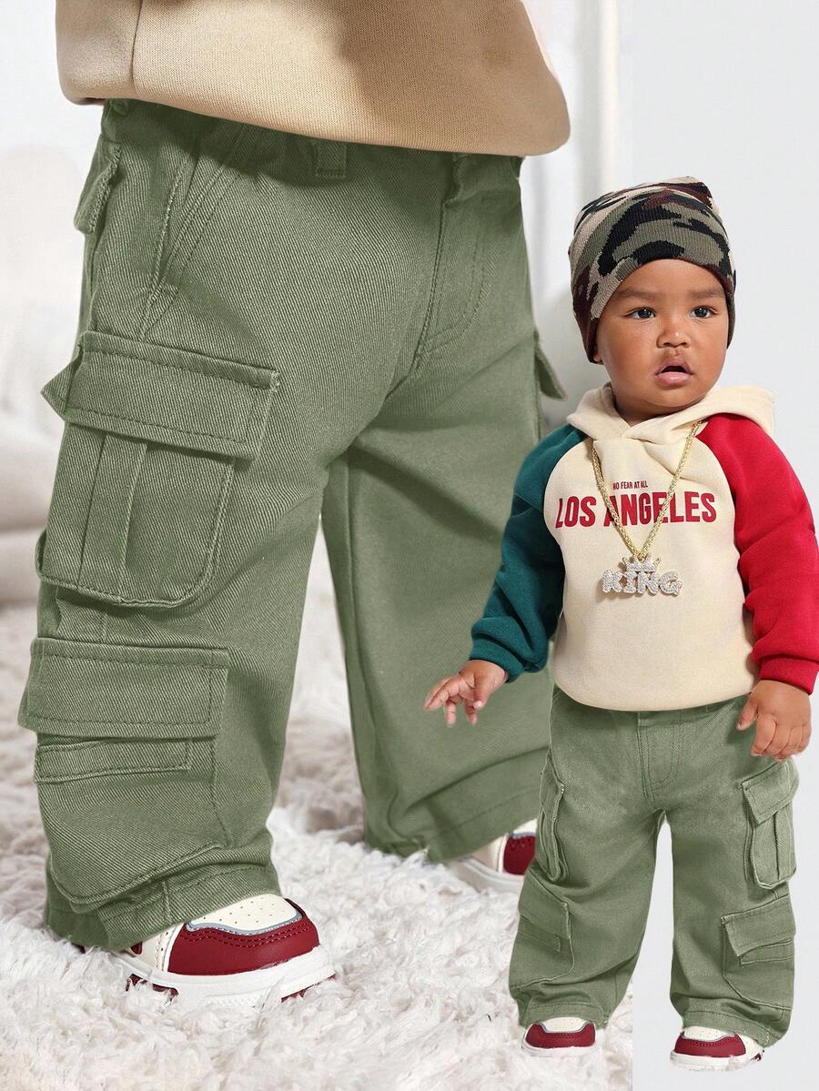 SHEIN 幼儿/男婴时尚复古设计做旧多口袋宽松棕色牛仔裤,休闲百搭,适合婴儿秋冬户外服装 - 軍綠色 - 查看 1