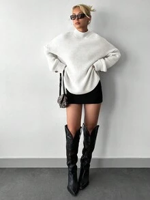 EURMUSE Damen Einfarbiger Loose Fit Pullover , Drop-Shoulder, Rollkragen, Lässig für Herbst/Winter - Beige - Übersicht 3