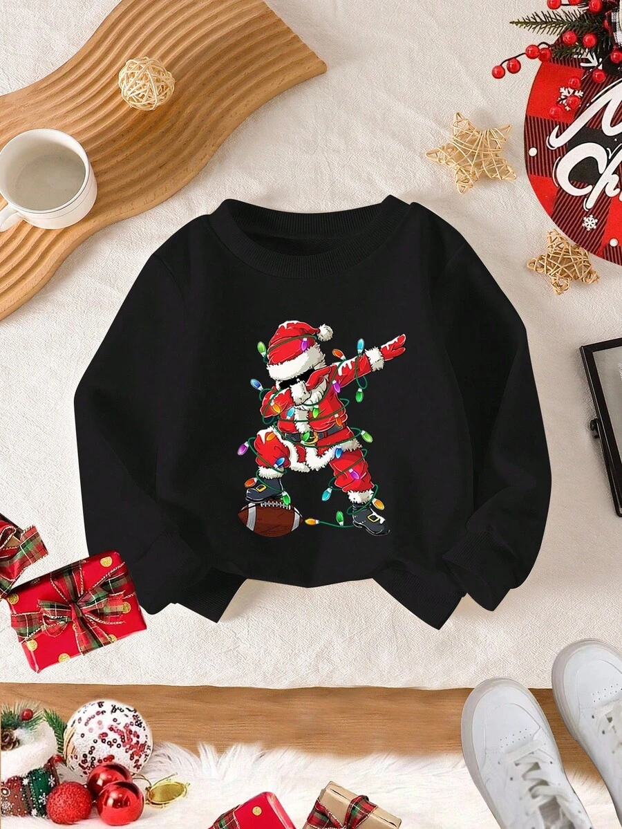 Jungen Lässig & modischer Weihnachtsmann Beleuchtungsmuster Sweatshirt, bequemer Langarm Rundhals Pullover geeignet für Kleinkinder und kleine Jungen, Weihnachtsparty, Familien-Matching, Herbst/Winter/Frühling - Schwarz - Übersicht 1
