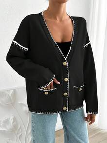 EURMUSE Women Solid Color Deep V-Neck Handmade Stitch Detailed Cardigan - Black - View 7