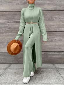 EURMUSE Bộ trang phục 3 món áo len cổ lọ màu trơn thường ngày cho nữ, áo len cardigan dài và quần dài, mùa thu/đông - Màu xanh Bạc hà - Xem 7