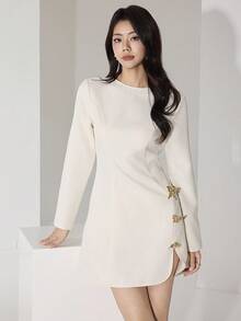 Modelyn Women's Elegant Butterfly Decor Waffle Texture Short Dress, Spring/Autumn