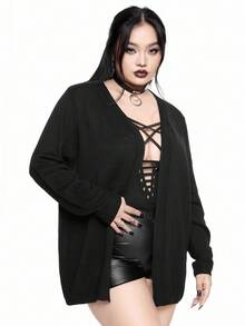 ROMWE Goth 大码女式哥特式花卉蛇纹印花网眼拼布薄开衫 - 黑色 - 查看 6