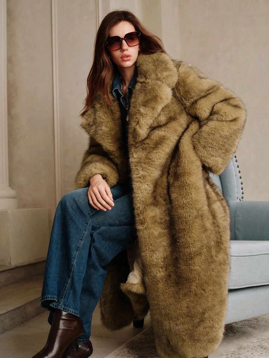 Savoree New Autumn Winter Fashion Fluffy Long Coat, Elegant Lady Furry Parka Outerwear - Brown - View 1