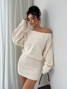 SHEIN Elenzya Robe moulante élégante en tricot avec épaules obliques perlées et manches chauve-souris pour femmes - Beige - Voir 3