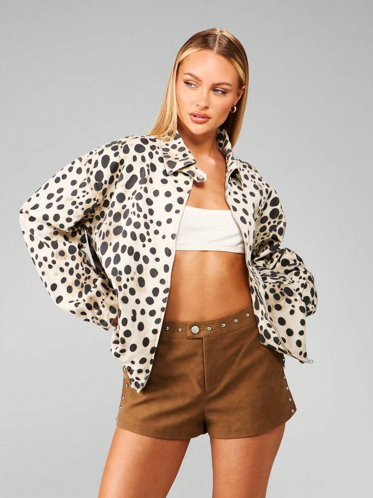 MISSGUIDED Dalmatian Print Denim Bomber Jacket With Full Length Zipper And Puffy Sleeves Fall Winter Fashion Statement Piece Abstract Animal Pattern Outerwear