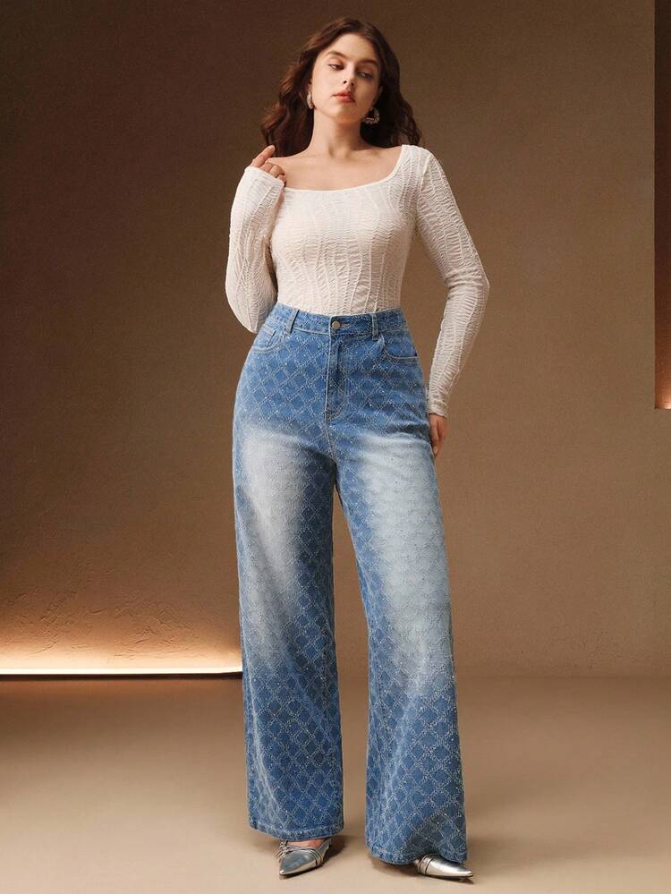 Fashionable Diamond Embellished Women's Straight Leg Blue Jeans