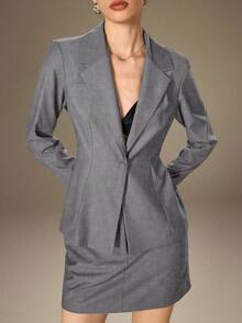 Modelyn 1 套女士时尚休闲优雅灰色衬衫上衣和迷你裙 - 灰色 - 查看 1
