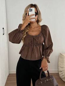 Easowa Frill Trim Puff Sleeve Lantern Sleeve Gathered Collar Tie Front A-Line Long Sleeve Shirt, Textured Crinkle Fabric, Casual Relaxed Elegant Office Lady Style Brown Blouses Coffee Brown Top Dark Brown Top Brown Long Sleeve Top Chocolate Brown Top - Mocha Brown - View 1