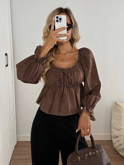 Easowa Frill Trim Puff Sleeve Lantern Sleeve Gathered Collar Tie Front A-Line Long Sleeve Shirt, Textured Crinkle Fabric, Casual Relaxed Elegant Office Lady Style Brown Blouses Coffee Brown Top Dark Brown Top Brown Long Sleeve Top Chocolate Brown Top
