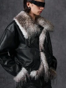 LYSMO 女士时尚毛绒拼布夹克，秋冬 - 黑色 - 查看 4