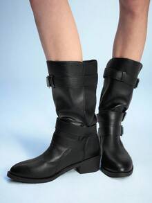 Sugerpunk 女式尖头粗跟扣带西部及膝靴，朋克哥特街头摩托车中筒靴 - 黑色 - 查看 3