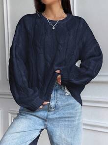 Flirla Loose Fit Women's Round Neck Drop Shoulder Long Sleeve Cable Knit Sweater, Autumn/Winter - Blue - View 3