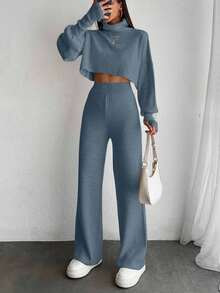 EURMUSE 2pcs Women Solid Color Lantern Sleeve Sweater And Knitted Long Pants Set,Petite,Winter Clothes - Baby Blue - View 4