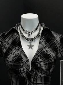 EgrlEra 女士褶裥单排扣修身短袖格子拼接衬衫 - 深灰色 - 查看 3