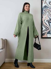 EURMUSE Suéter de manga larga con cuello alto y manga raglán para mujer de talla grande con bajo dividido - Verde - Ver 3