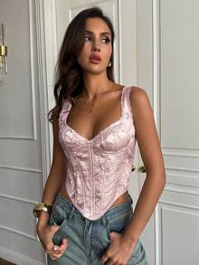 SHEIN BAE Áo lót không tay thêu hoa có họa tiết, Áo ngực nữ, Áo ngực hoa màu hồng - Màu Hồng baby - Xem 4