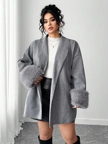 SHEIN Elenzya 大码女士优雅长袖流苏系带外套，秋冬款 - 灰色 - 查看 7