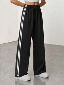 SHEIN Tall Casual Black Side Striped Trousers Solid Color Fashionable Graduation,Back To School Outfits,Graduation,Teacher Outfits For Women,Back To School