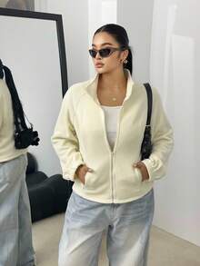 POPSWAY 大码白色休闲修身立领加厚拉链夹克 - 白色 - 查看 3