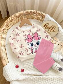 SHEIN 2件套女婴休闲宽松厚实柔软圆领长袖卫衣和打底裤套装，奶油白色和奶油粉色，可爱卡通猫咪，豹纹蝴蝶结印花，适合秋冬季