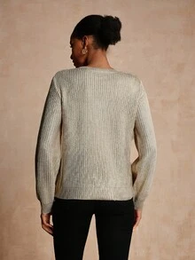 Vesra 春秋亮面金属菱格纹宽松V领针织套头衫