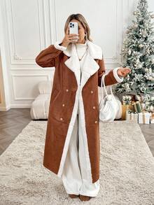 SHEIN LUNE 翻领斜插口袋肩带袖带双排扣大衣，撞色麂皮绒复合面料，休闲舒适优雅通勤复古风，常规版型，适合秋冬季节穿着，时尚百搭，适合圣诞节等节日场合，尽显女性奢华品味。棕色系女装。 - 棕色 - 查看 4