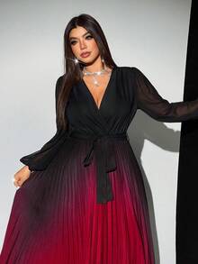 Grovea Abito da sera lungo elegante da donna taglie forti, con scollo incrociato, maniche in chiffon trasparenti, cintura con fiocco, vita arricciata, effetto sfumato - Multicolore - Visualizzare 5