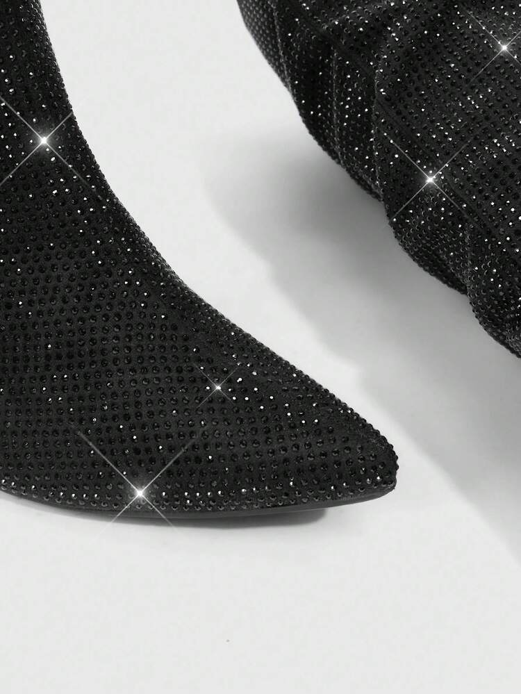 CUCCOO SZL Fashionable Pointed Toe Rhinestone Embellished Stiletto Heel Black Thigh High Boots, Sexy & Glamorous For Performance, Party, Nightclub, Women Over-The-Knee Super High Heel Boots For Christmas Spring Shoes