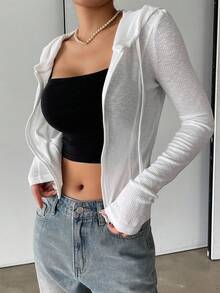 DAZY Women's Solid Color Front Zipper Drawstring Minimalist Hooded See-Through Casual Top Y2k Women Jacket,Fall Women Clothes - White - View 7