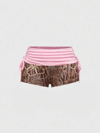 J-Fashion Shorts de mujer de cintura baja con cordón, estampado de leopardo y flores de hibisco rosa, estilo Y2K "Babe" para vacaciones en la playa