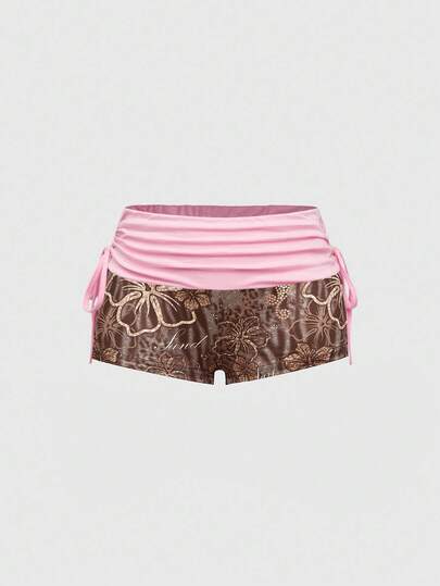 J-Fashion Shorts de mujer de cintura baja con cordón, estampado de leopardo y flores de hibisco rosa, estilo Y2K "Babe" para vacaciones en la playa