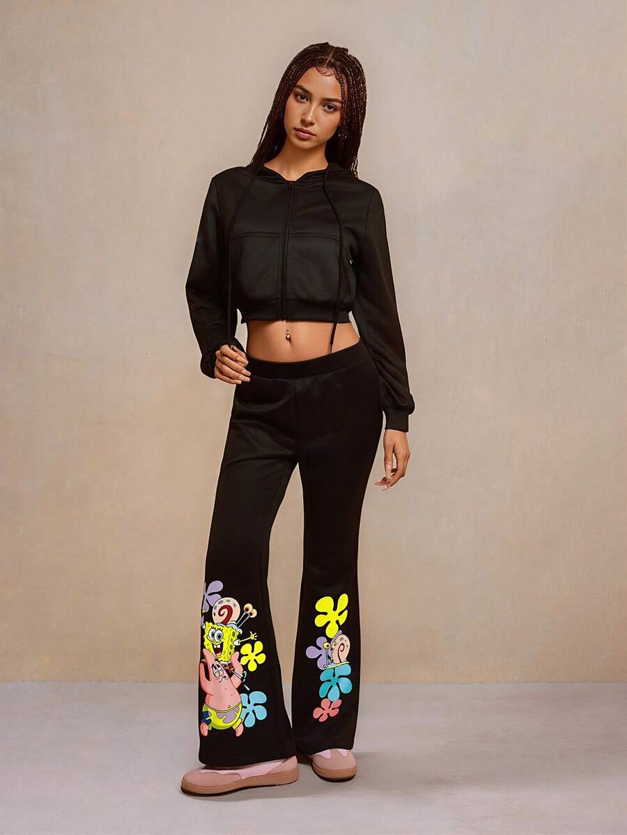 SpongeBob SquarePants | SHEIN 女士休闲日常通勤趣味可爱卡通印花拉链抽绳连帽短款运动衫和喇叭裤两件套，春秋 - 黑色 - 查看 1