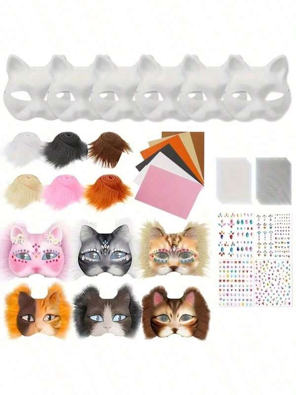 DIY Cat Face Mask Making Kit With Felt, Handmade Style Animal Design Colorful Dress-Up Mask Set For Halloween Costume, Carnival Party, Cosplay & Festivals (DIY Craft Kit, Halloween Costume Accessories)