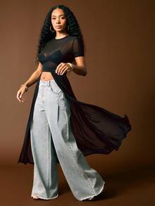 Vixey 透视纯色网眼短袖开衩长款上衣 - 黑色 - 查看 5