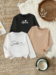 3 件女童休闲可爱简约趣味心形字母笑脸印花长袖 T 恤，心形和“爱”图案，棕色/黑色/白色圆领长袖上衣，适合秋季服装 - 彩色 - 查看 4