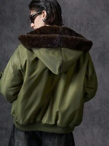 LYSMO X NEON BLANC Collab 2025 New Arrival Minimalist Fall/Winter Women's Fashionable Fur Collar Hooded Jacket, Autumn/Winter Bomber Jacket Women Women Jackets Outerwear Women Crop Jackets For Women Jacket Y2k,Christmas - Army Green - View 3