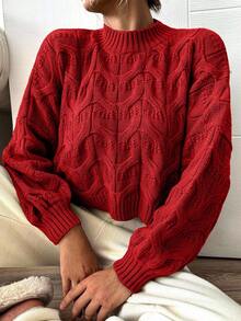 EURMUSE 女士休闲纯色灯笼袖毛衣，秋冬 - 紅色 - 查看 5