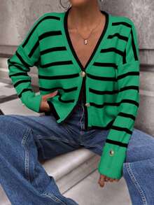 EURMUSE Cardigan de cuello redondo con detalles de botones en el bajo y mangas dobles, con franja de color contrastante - Verde - Ver 5